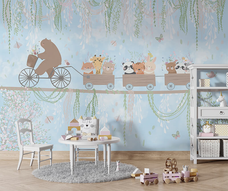 315 x 200 Tek Parça Premium Kumaş Tekstil - Bisikletli Ayı ve Neşeli Vagonlar Mavi Düşler Ormanı Çocuk Odası Duvar Kağıdı