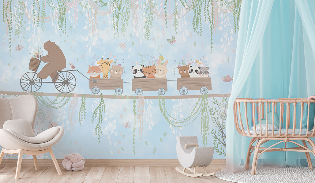 315 x 200 Tek Parça Premium Kumaş Tekstil - Bisikletli Ayı ve Neşeli Vagonlar Mavi Düşler Ormanı Çocuk Odası Duvar Kağıdı