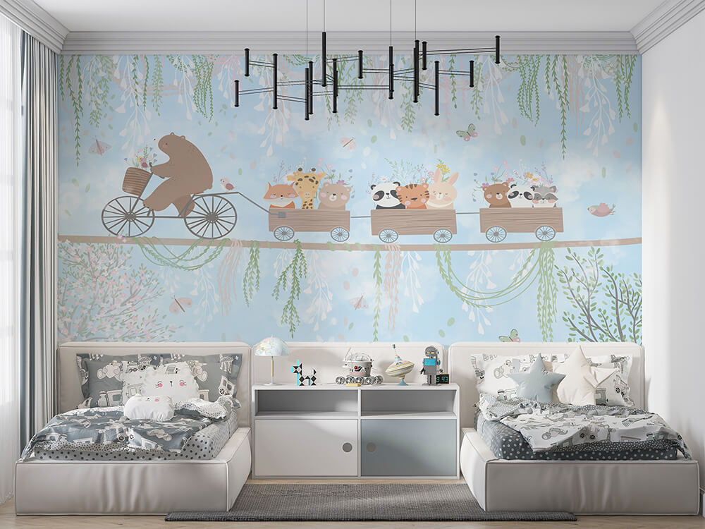 315 x 200 Tek Parça Premium Kumaş Tekstil - Bisikletli Ayı ve Neşeli Vagonlar Mavi Düşler Ormanı Çocuk Odası Duvar Kağıdı