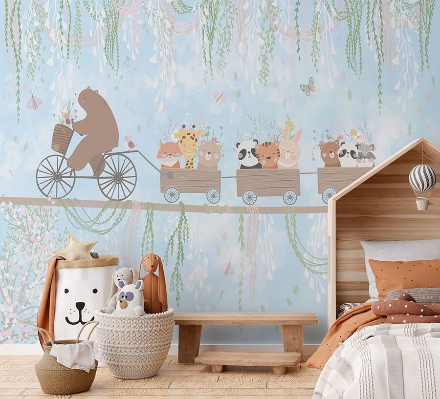 315 x 200 Tek Parça Premium Kumaş Tekstil - Bisikletli Ayı ve Neşeli Vagonlar Mavi Düşler Ormanı Çocuk Odası Duvar Kağıdı