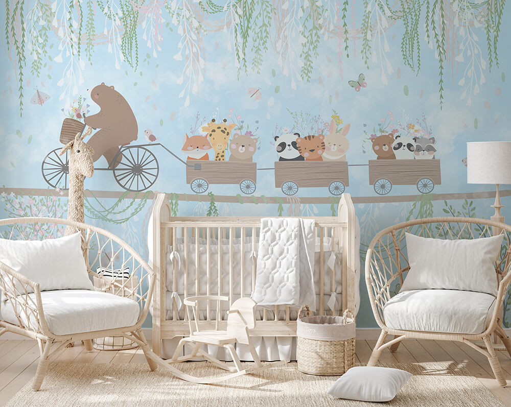 315 x 200 Tek Parça Premium Kumaş Tekstil - Bisikletli Ayı ve Neşeli Vagonlar Mavi Düşler Ormanı Çocuk Odası Duvar Kağıdı