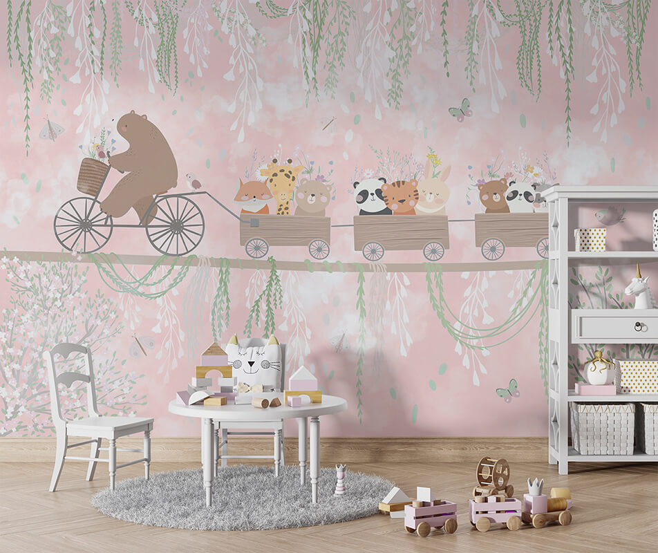 315 x 200 Tek Parça Premium Kumaş Tekstil - Çiçekli Vagonlar Serüveni Pembe Düşler Yolculuğu Bisikletli Ayı Çocuk Odası Duvar Kağıdı