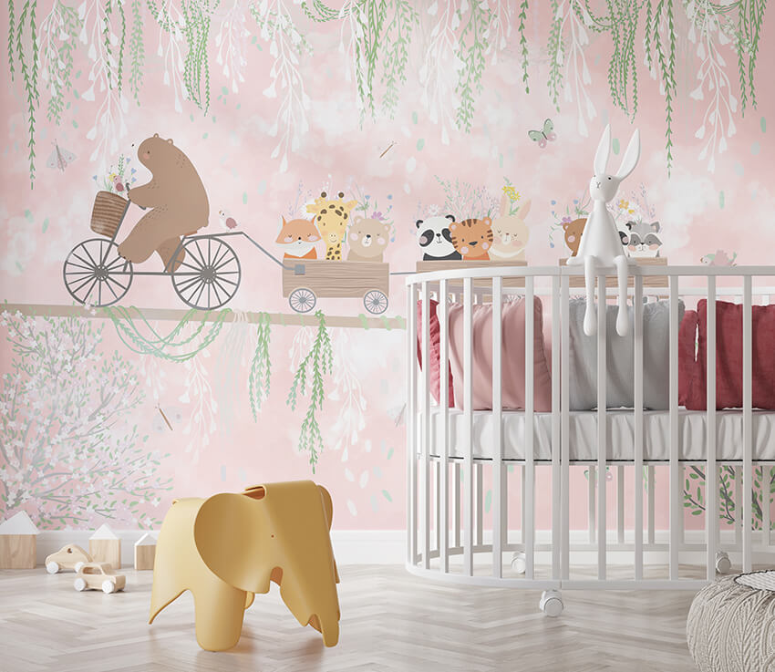 315 x 200 Tek Parça Premium Kumaş Tekstil - Çiçekli Vagonlar Serüveni Pembe Düşler Yolculuğu Bisikletli Ayı Çocuk Odası Duvar Kağıdı