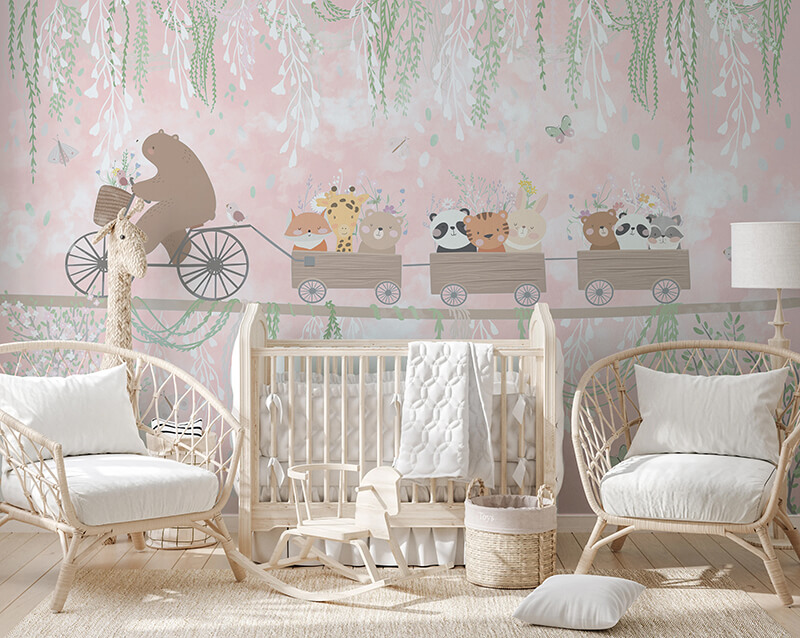 315 x 200 Tek Parça Premium Kumaş Tekstil - Çiçekli Vagonlar Serüveni Pembe Düşler Yolculuğu Bisikletli Ayı Çocuk Odası Duvar Kağıdı