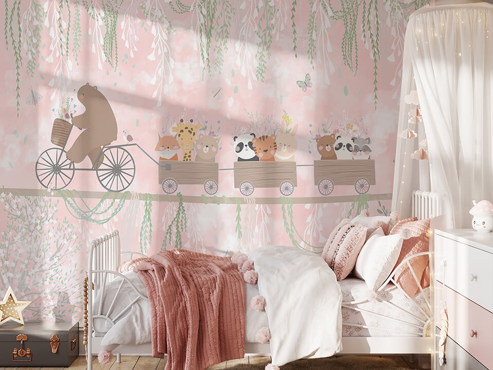 315 x 200 Tek Parça Premium Kumaş Tekstil - Çiçekli Vagonlar Serüveni Pembe Düşler Yolculuğu Bisikletli Ayı Çocuk Odası Duvar Kağıdı