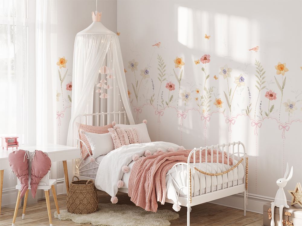 315 x 200 Tek Parça Premium Kumaş Tekstil - Pastel Çiçek Bahçesi Temalı Çocuk Odası Duvar Kağıdı – Kız Bebek Odası Dekoru, Kanopi Köşe Alanı, Masalsı Çiçek İllüstrasyonları, Yumuşak Renkli , Modern ve Zarif Duvar Dekoru