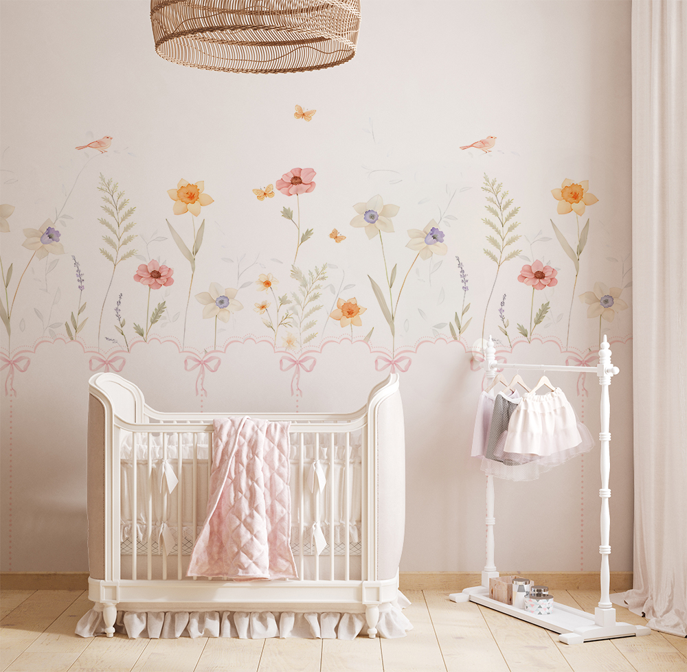 315 x 200 Tek Parça Premium Kumaş Tekstil - Pastel Çiçek Bahçesi Temalı Çocuk Odası Duvar Kağıdı – Kız Bebek Odası Dekoru, Kanopi Köşe Alanı, Masalsı Çiçek İllüstrasyonları, Yumuşak Renkli , Modern ve Zarif Duvar Dekoru