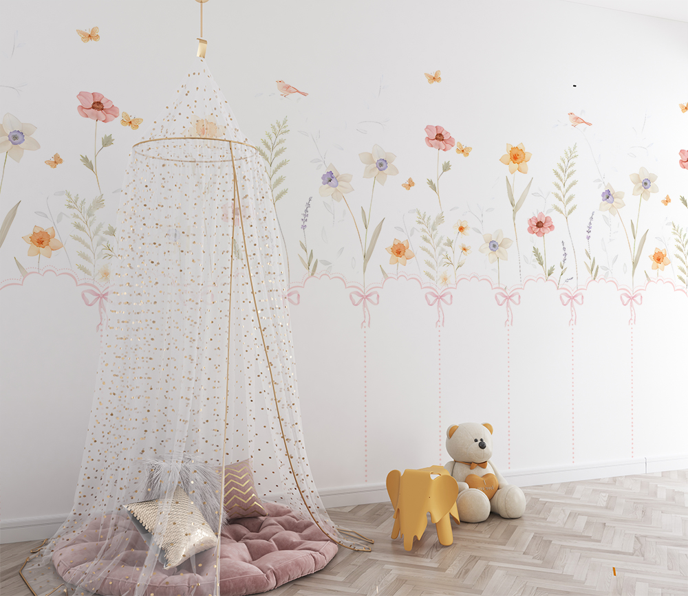 315 x 200 Tek Parça Premium Kumaş Tekstil - Pastel Çiçek Bahçesi Temalı Çocuk Odası Duvar Kağıdı – Kız Bebek Odası Dekoru, Kanopi Köşe Alanı, Masalsı Çiçek İllüstrasyonları, Yumuşak Renkli , Modern ve Zarif Duvar Dekoru