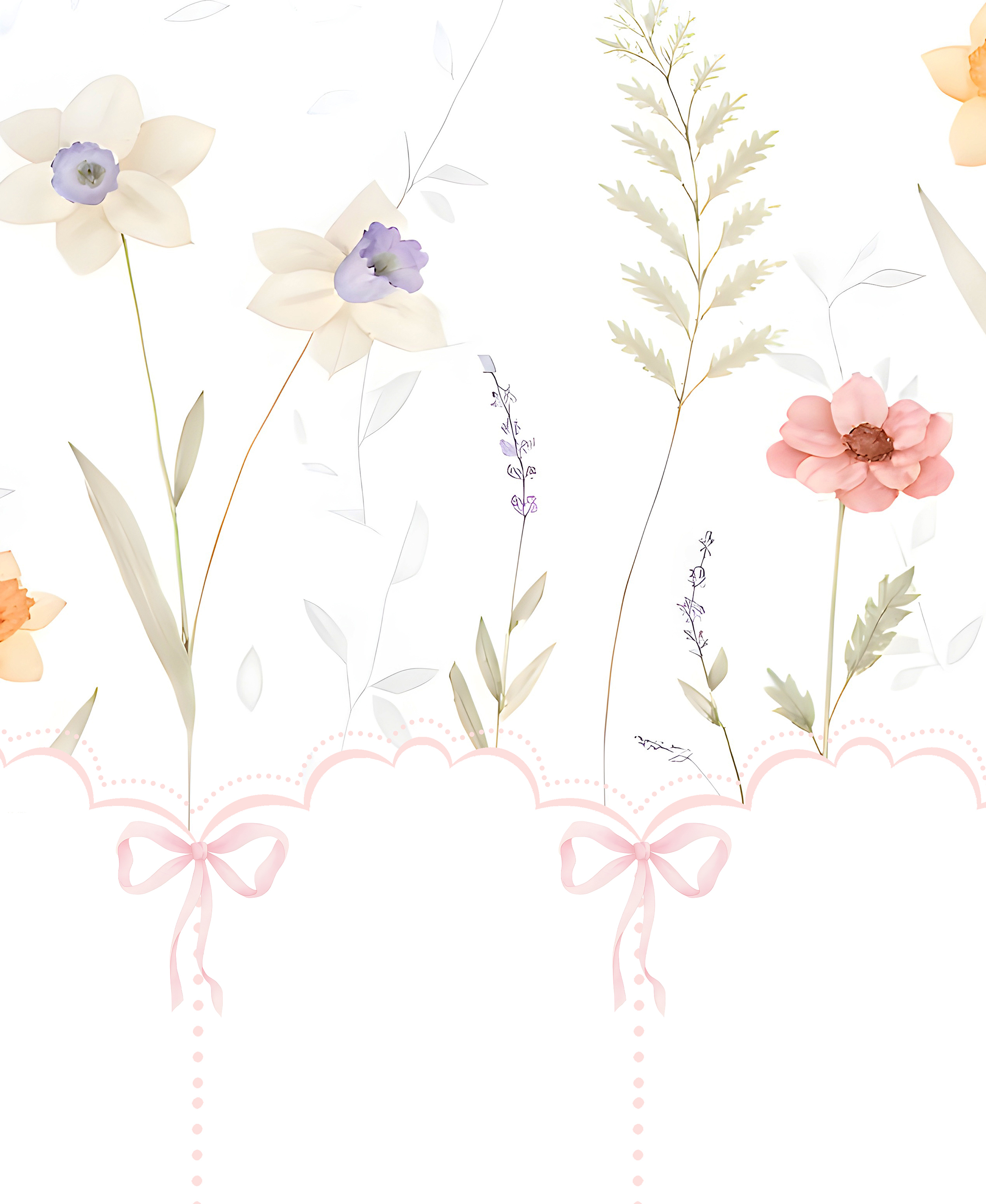 315 x 200 Tek Parça Premium Kumaş Tekstil - Pastel Çiçek Bahçesi Temalı Çocuk Odası Duvar Kağıdı – Kız Bebek Odası Dekoru, Kanopi Köşe Alanı, Masalsı Çiçek İllüstrasyonları, Yumuşak Renkli , Modern ve Zarif Duvar Dekoru