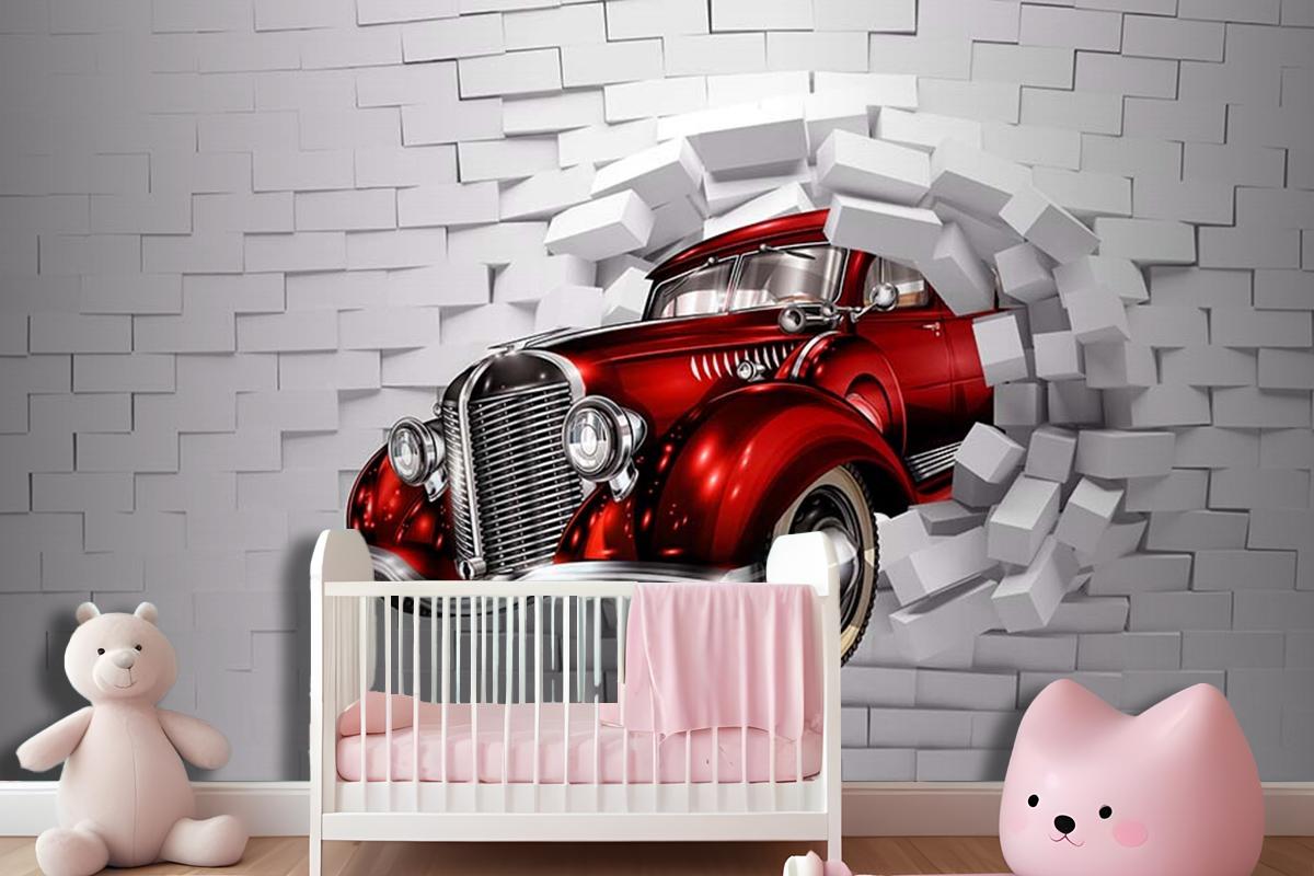 3D Boyutlu Duvardan Çıkan Kırmızı Araba Çocuk Odası Duvar Kağıdı