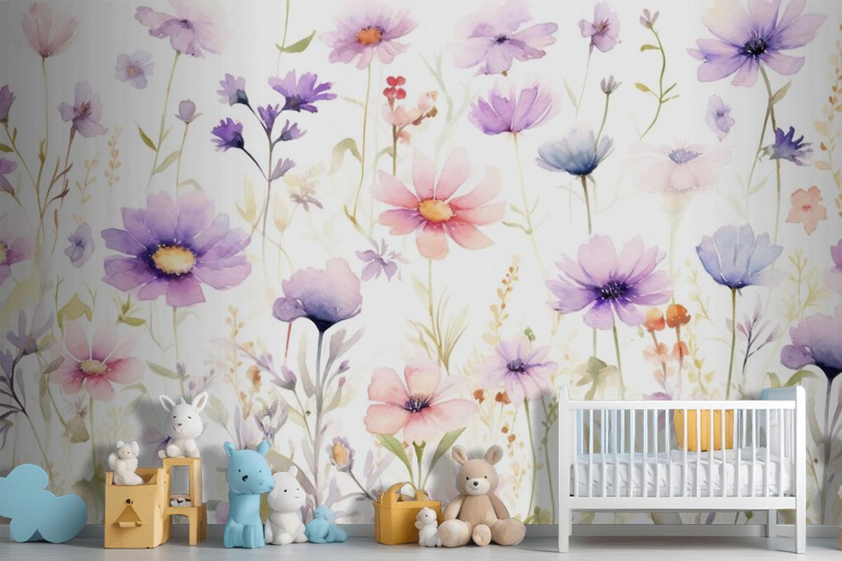 Beyaz Zemin Üzerine Bir Demet Çiçek Tablosu Çocuk Odası Duvar Kağıdı