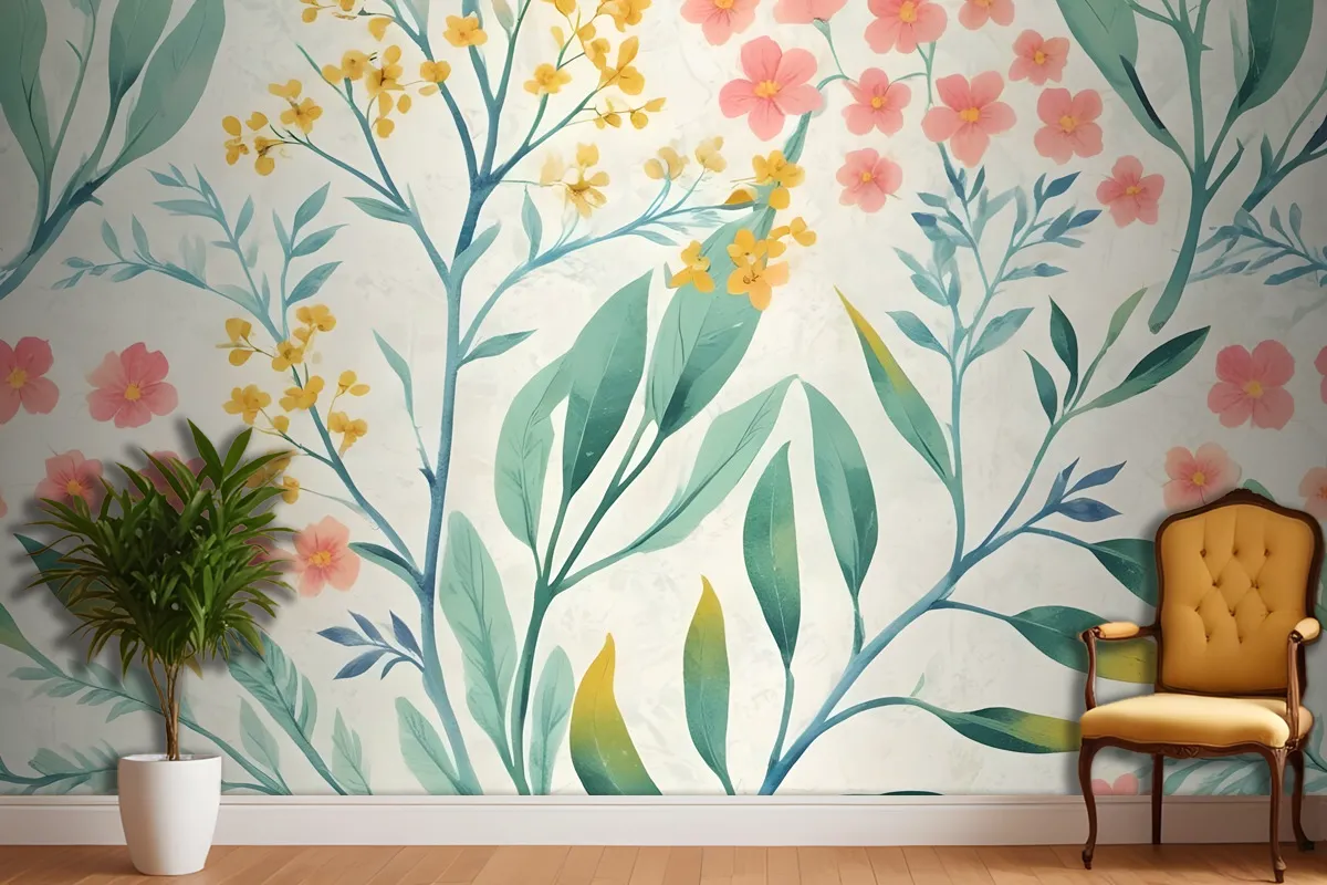 Botanik Yapraklı Suluboya Vintage Çiçekli Yatak Odası Duvar Kağıdı