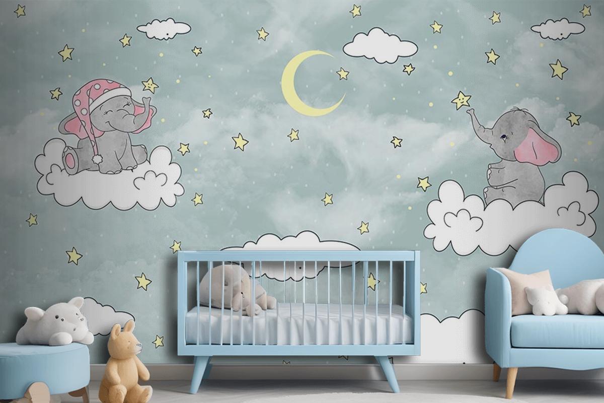 Bulut Üzerinde Sevimli Filler Duvar Kağıdı