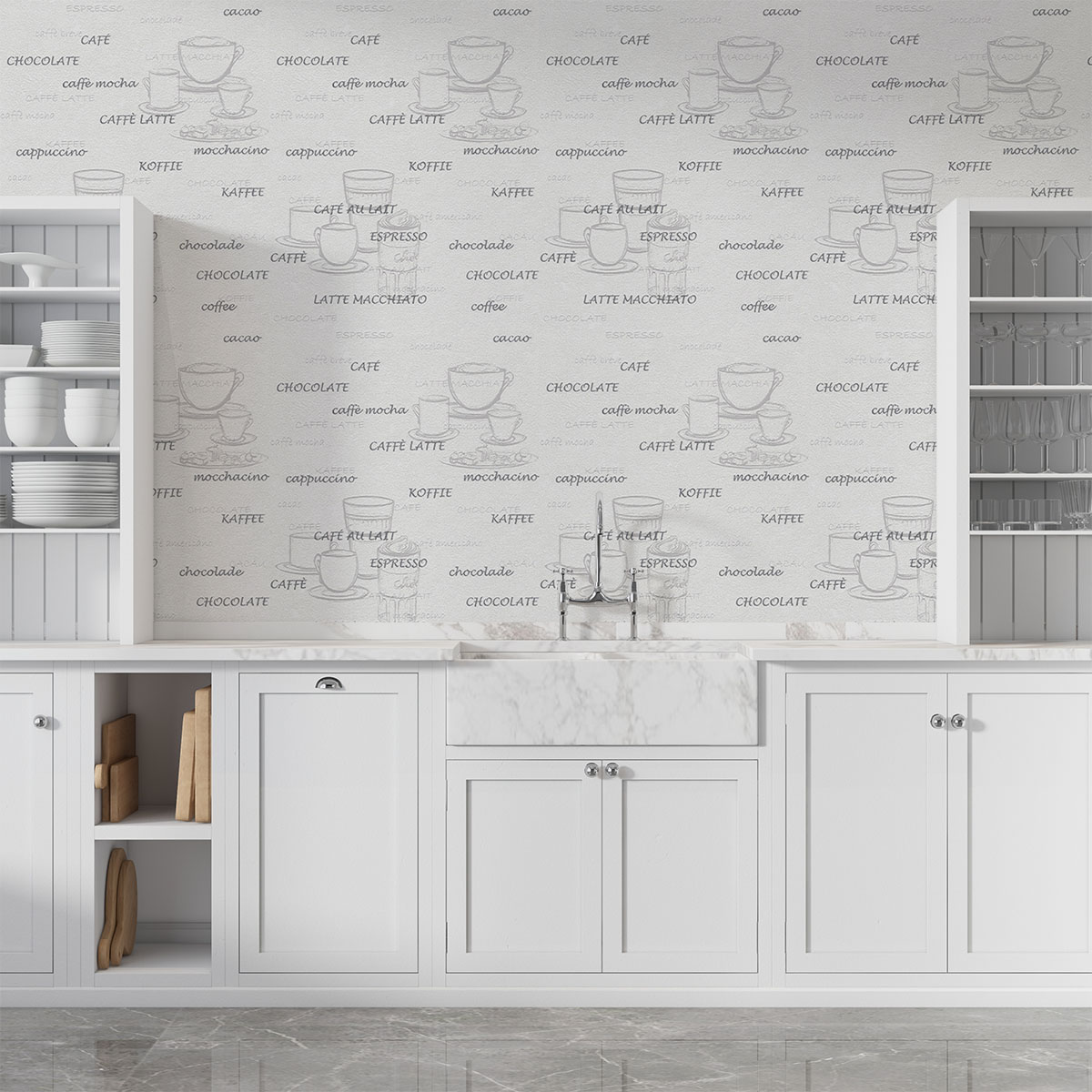 Cafe Desen Beyaz Gri Renlerinde Ucuz Duvar Kağıdı 53139