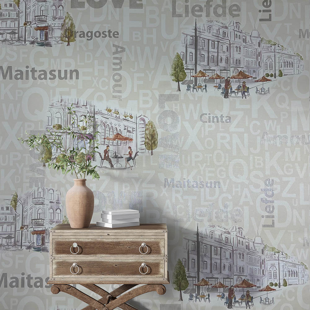 Cafe Harfli Şehirli Krem 16 M2 Duvar Kağıdı 10362-1