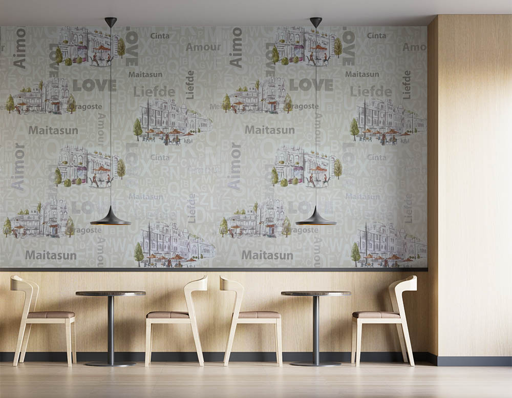 Cafe Harfli Şehirli Krem 16 M2 Duvar Kağıdı 10362-1