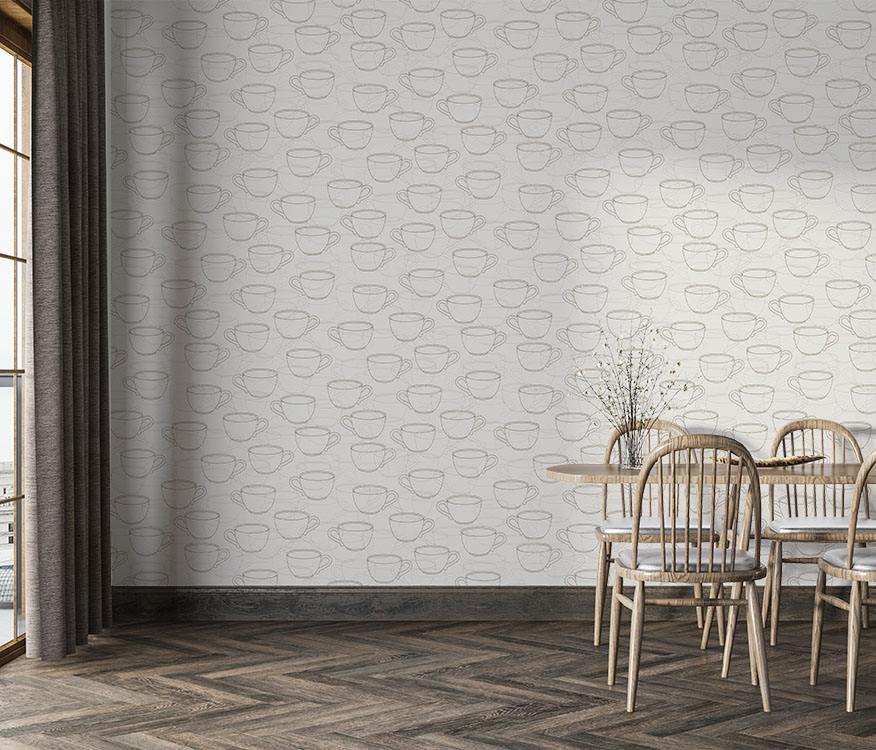 Cafe Tarzı Krem Fincanlı Ucuz Duvar Kağıdı 53701