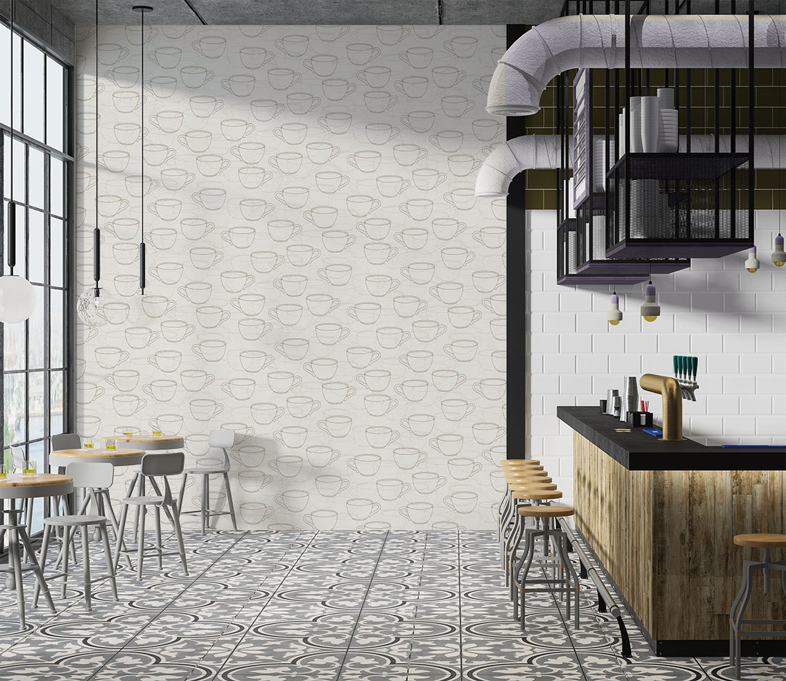 Cafe Tarzı Krem Fincanlı Ucuz Duvar Kağıdı 53701