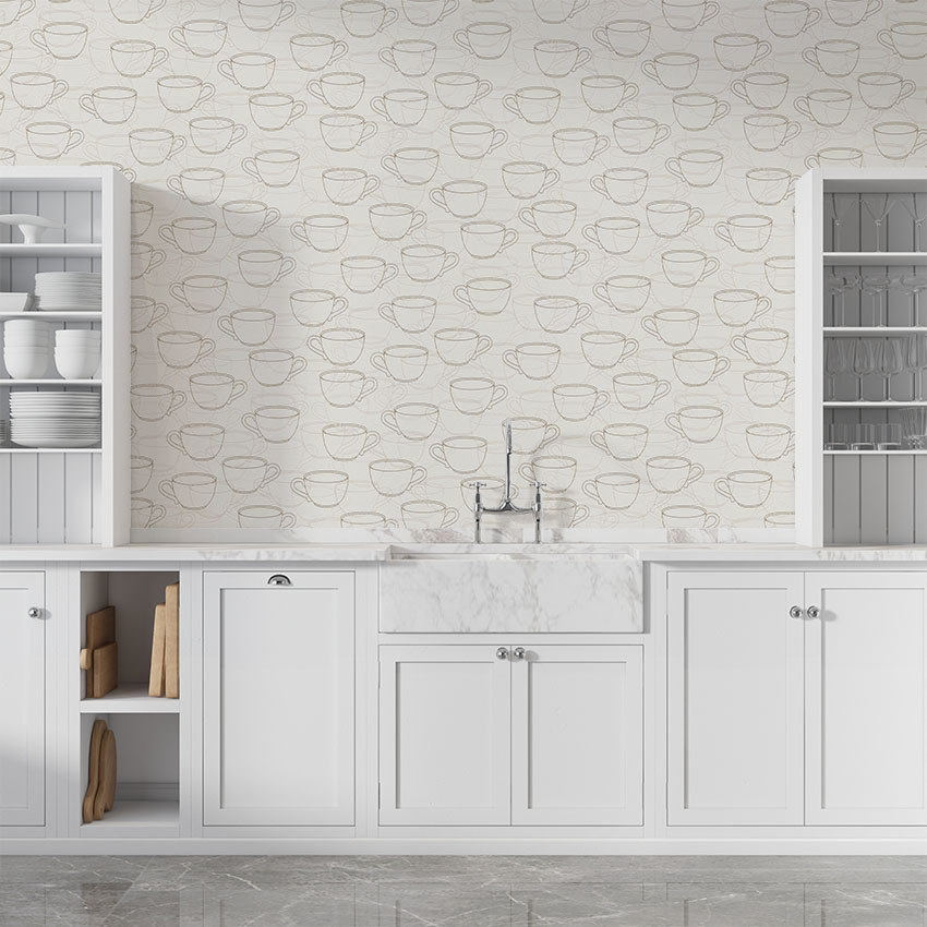 Cafe Tarzı Krem Fincanlı Ucuz Duvar Kağıdı 53701