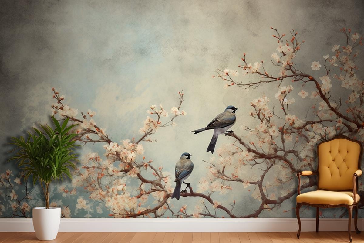 Çiçekler Dallar Kuşlar Altın Fırça Darbeleri Duvar Kağıdı