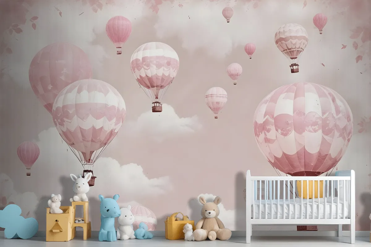 Çocuk Kız Sıcak Hava Balonu Çocuk Odası Duvar Kağıdı Duvar Pembe Gökyüzü