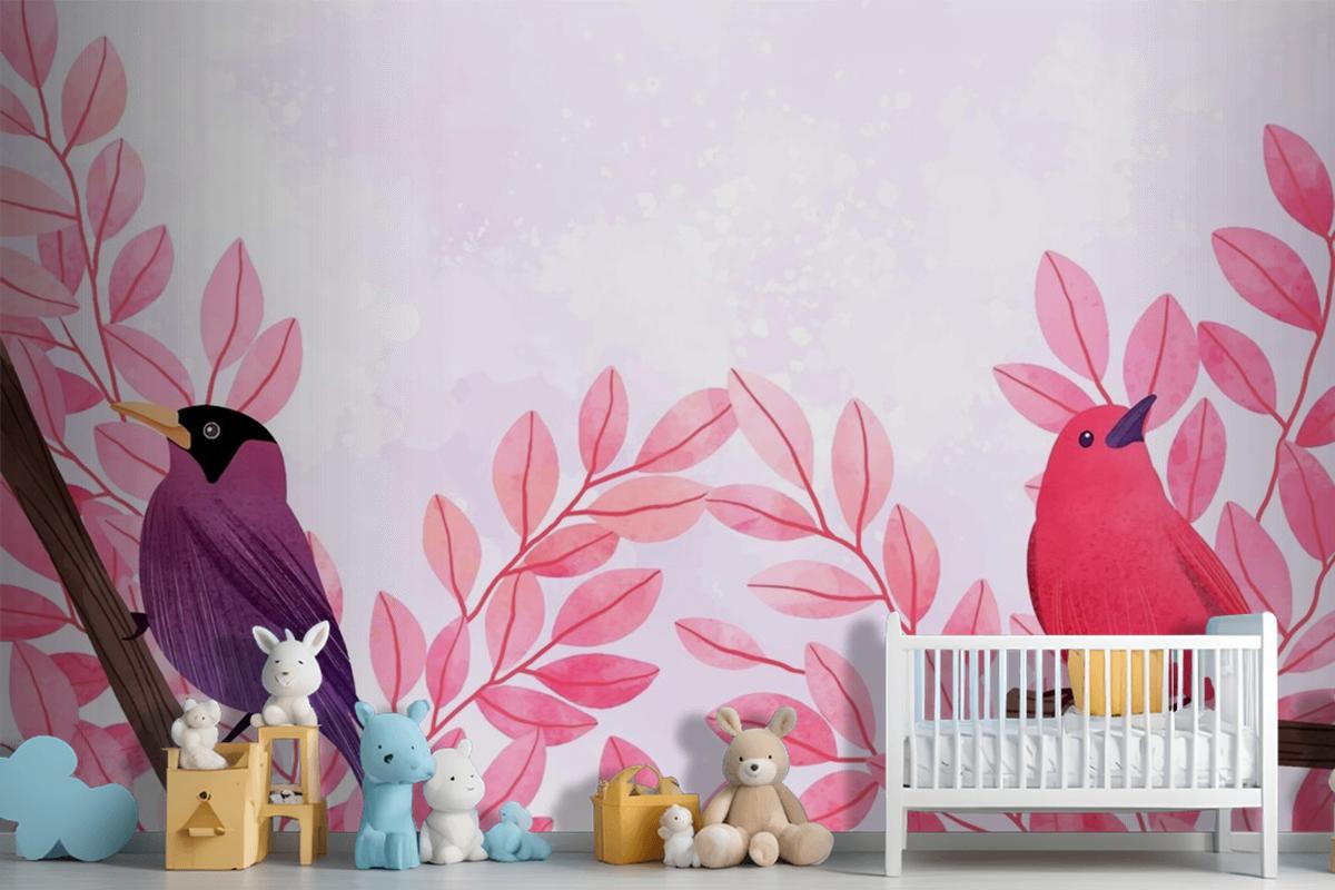 Dallarda Oturan Kuşların Güzel Suluboya Çocuk Odası Duvar Kağıdı