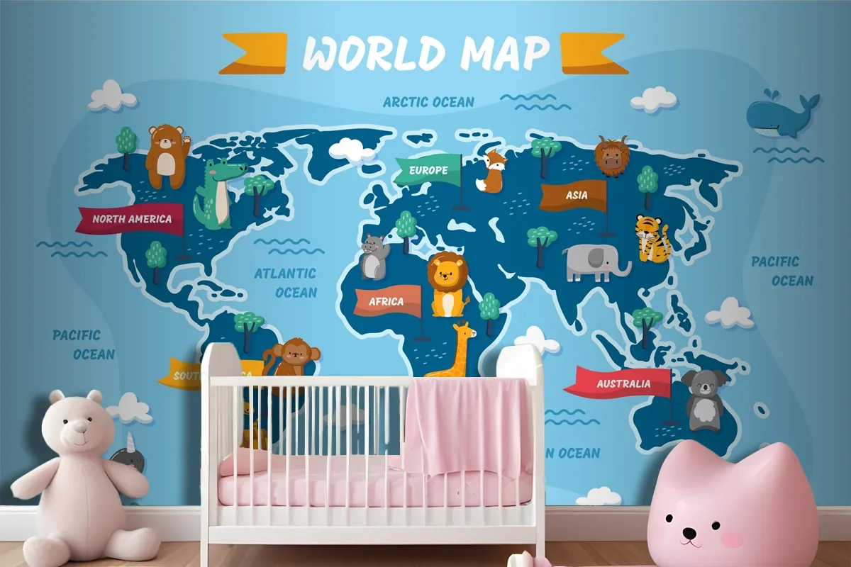 Elle Çizilmiş Çocuk Haritası Çocuk Odası Duvar Kağıdı