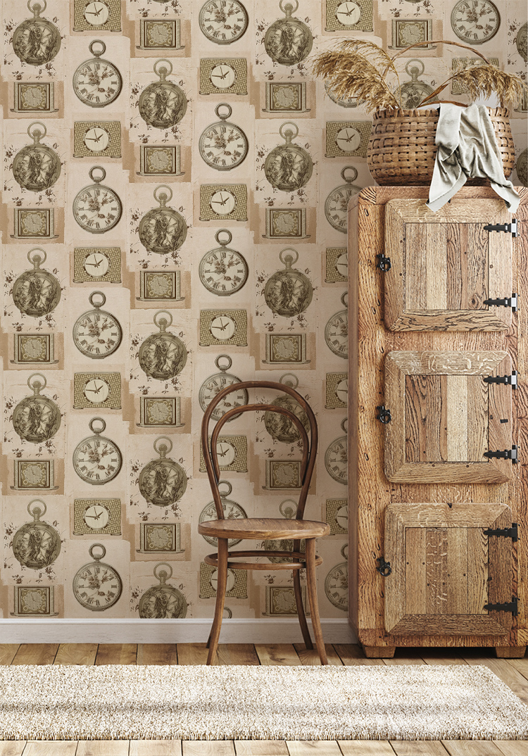 Eskitme Saat Desenli Duvar Kağıdı 53110
