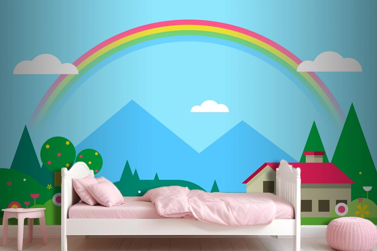 Ev Ve Gökkuşağı Çocuk Odası Duvar Kağıdı  Ile Bahar Manzarası