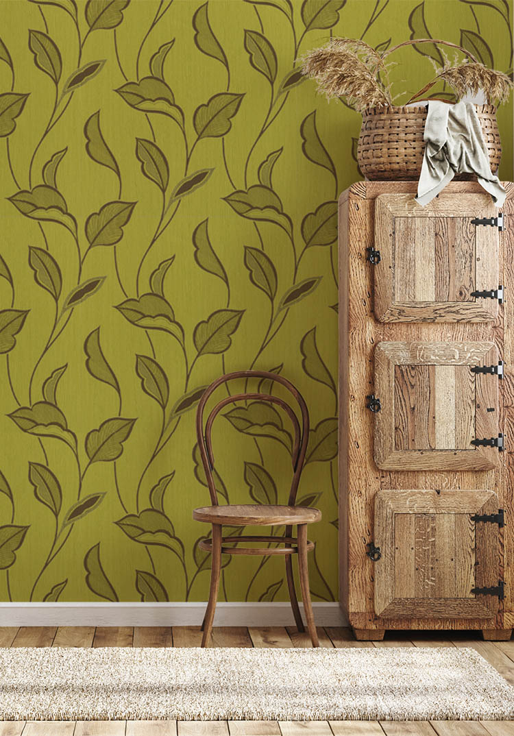 Fıstık Yeşili Yaprak Desen Ucuz Duvar Kağıdı 763546