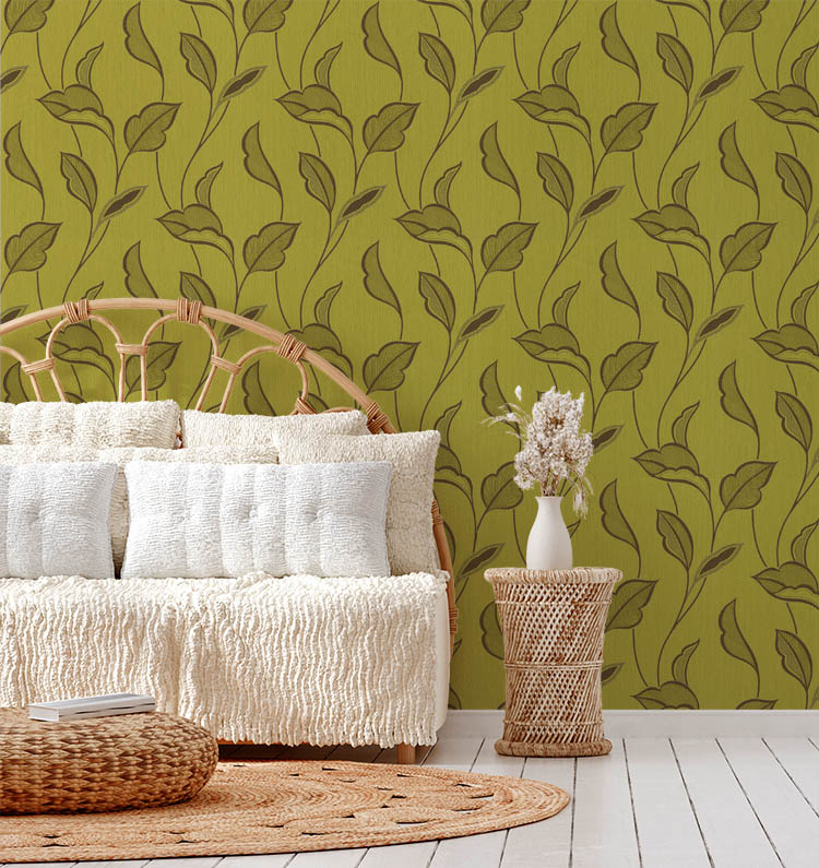 Fıstık Yeşili Yaprak Desen Ucuz Duvar Kağıdı 763546