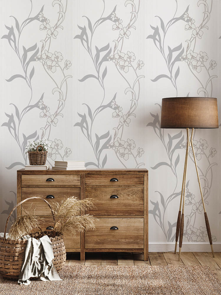 Gri Krem Çiçekler Ucuz Duvar Kağıdı 53721