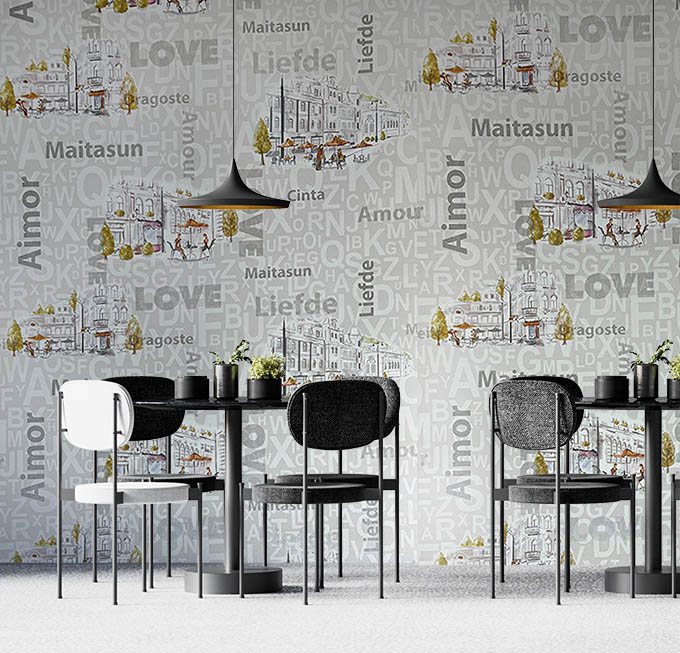 Kafe Harfli Şehirli Gri 16 M2 Duvar Kağıdı 10362-2