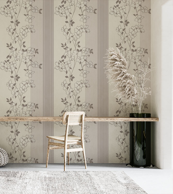 Kahverengi Krem Kenarları Çizgili Çiçekli Desen Ucuz Duvar Kağıdı 53644