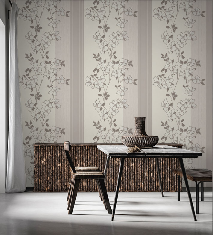 Kahverengi Krem Kenarları Çizgili Çiçekli Desen Ucuz Duvar Kağıdı 53644