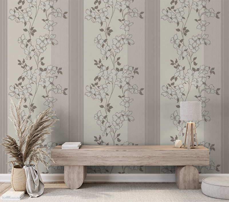 Kahverengi Krem Kenarları Çizgili Çiçekli Desen Ucuz Duvar Kağıdı 53644