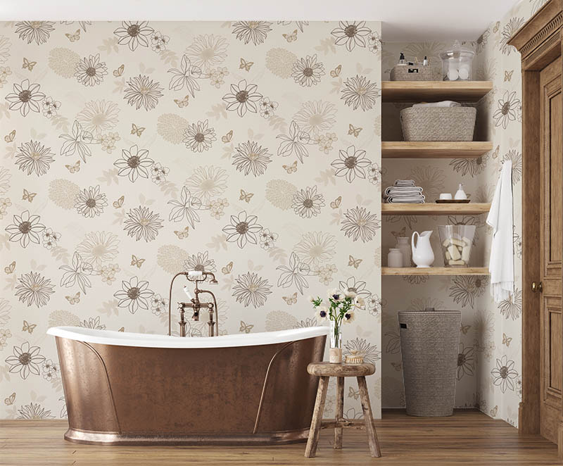Krem Kahve Tonu Çiçek Desen Dokulu  Duvar Kağıdı 54064