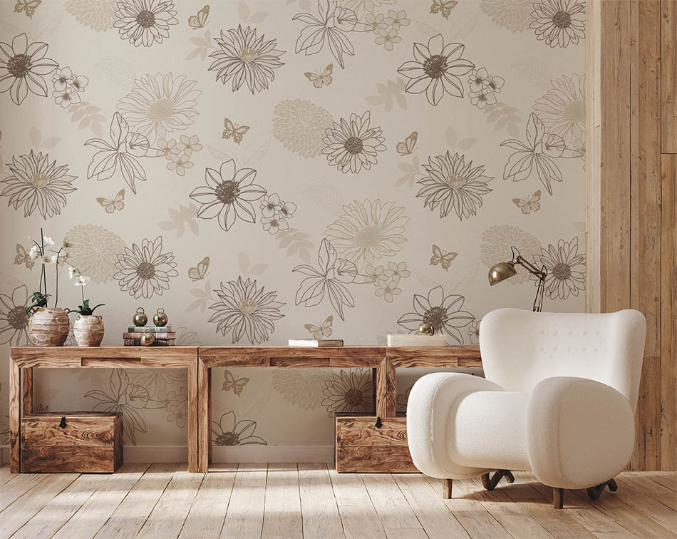 Krem Kahve Tonu Çiçek Desen Dokulu  Duvar Kağıdı 54064