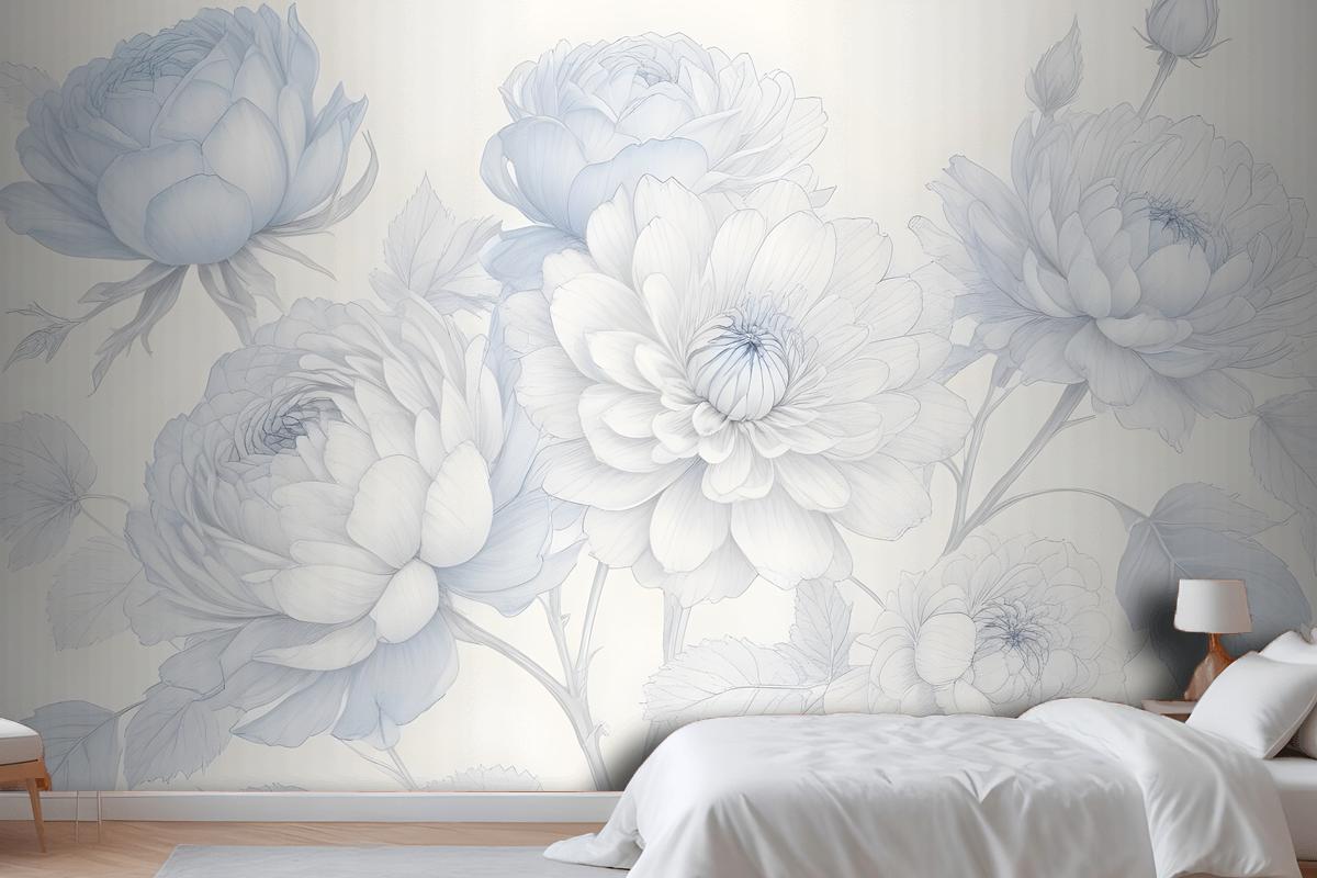 Mavi Büyük Resimli Güller Yatak Odası Duvar Kağıdı