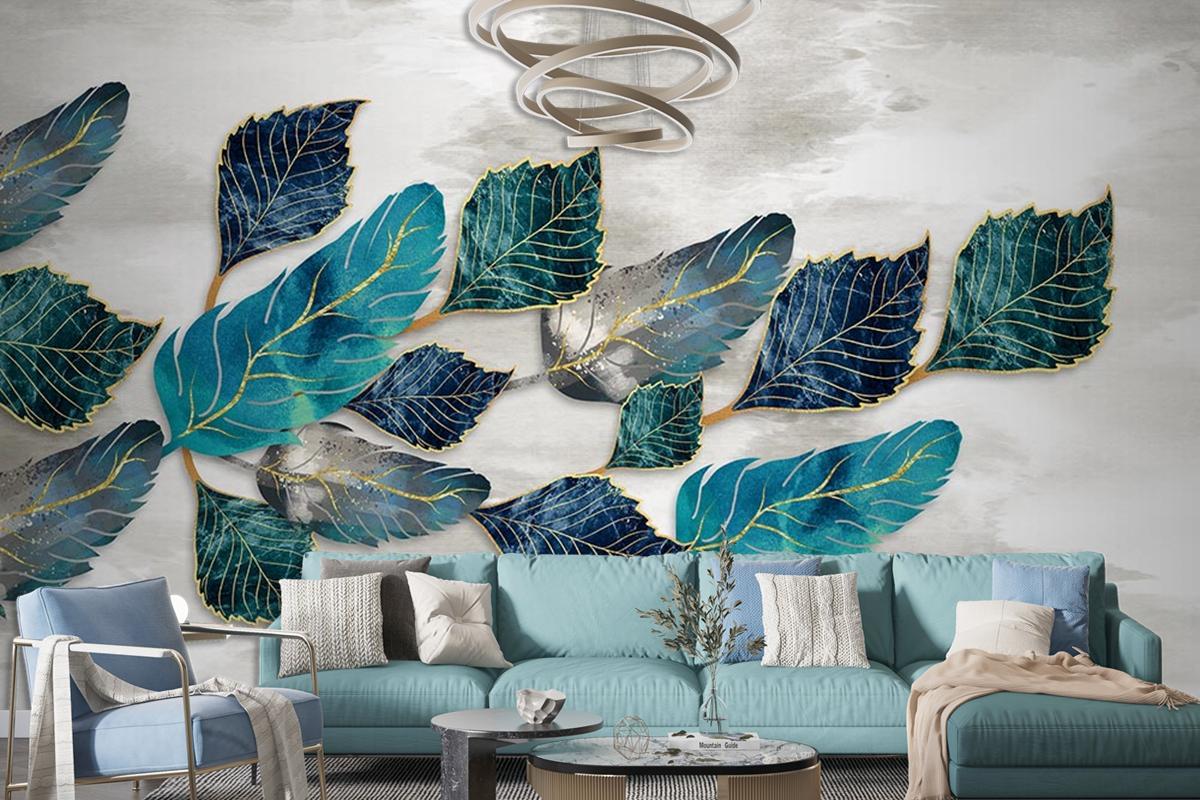 Mavi  Lacivert Yapraklar Duvar Kağıdı