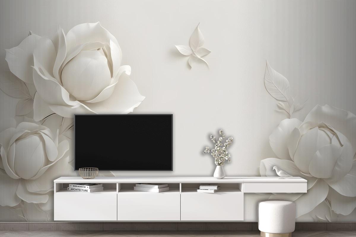 3D Kabartmalı Görünümlü Manolya Çiçek Sanatı Duvar Kağıdı