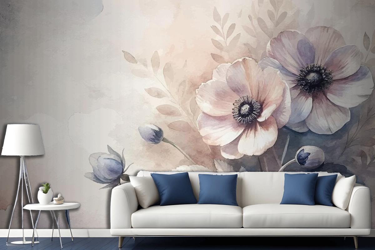 Vintage Anemon Çiçek Suluboya Arka Plan Oturma Odası Duvar Kağıdı 