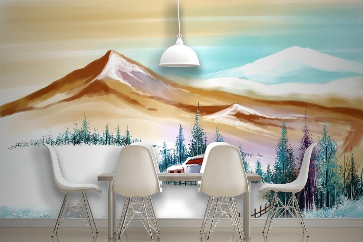 Yeni Yıl Ve Noel Ağacı Dağlarda Kış Manzarası Yemek Odası Duvar Kağıdı