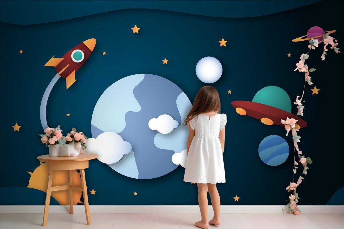 Kağıt Stili Galaxy Arka Plan Çocuk Odası Duvar Kağıdı 