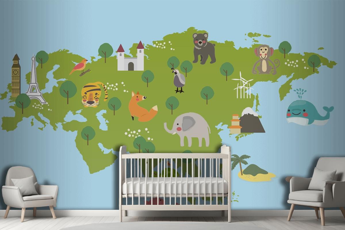 Yaban Hayatı Habitatlarının Çizim Stili Seti Çocuk Odası Duvar Kağıdı