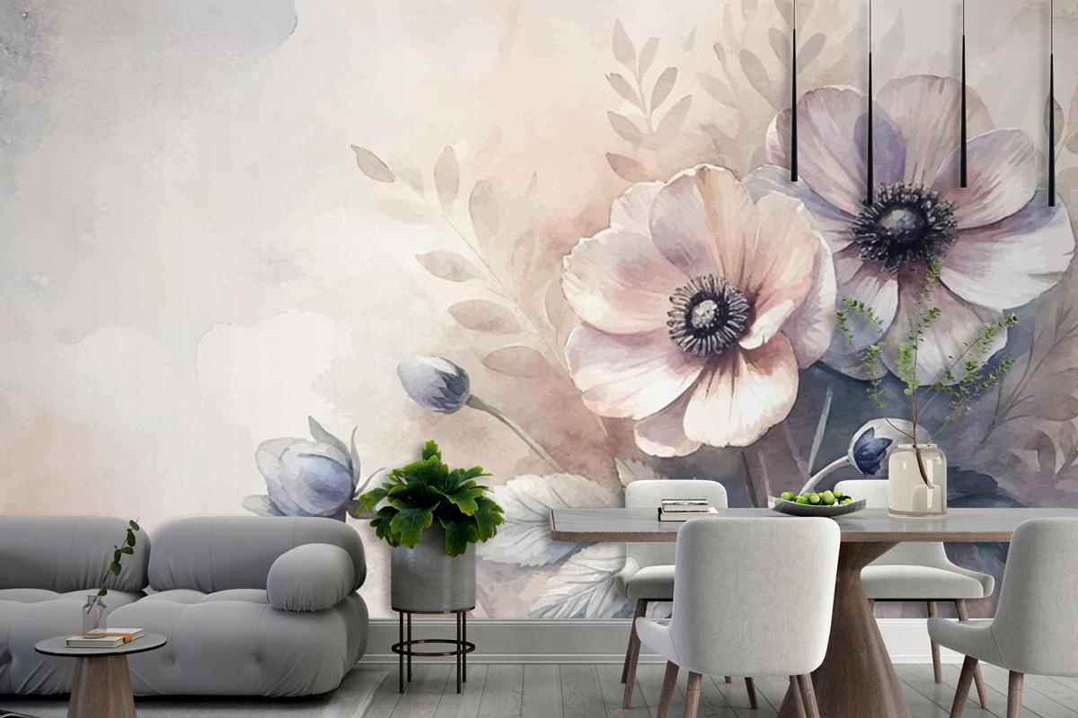 Vintage Anemon Çiçek Suluboya Arka Plan Oturma Odası Duvar Kağıdı 