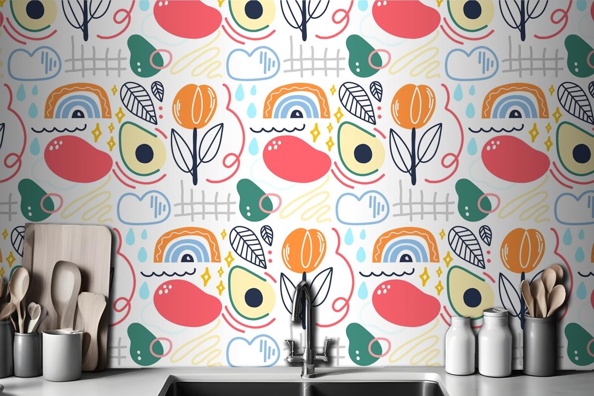 Renkli Soyut Organik Şekiller Mutfak Duvar Kağıdı 
