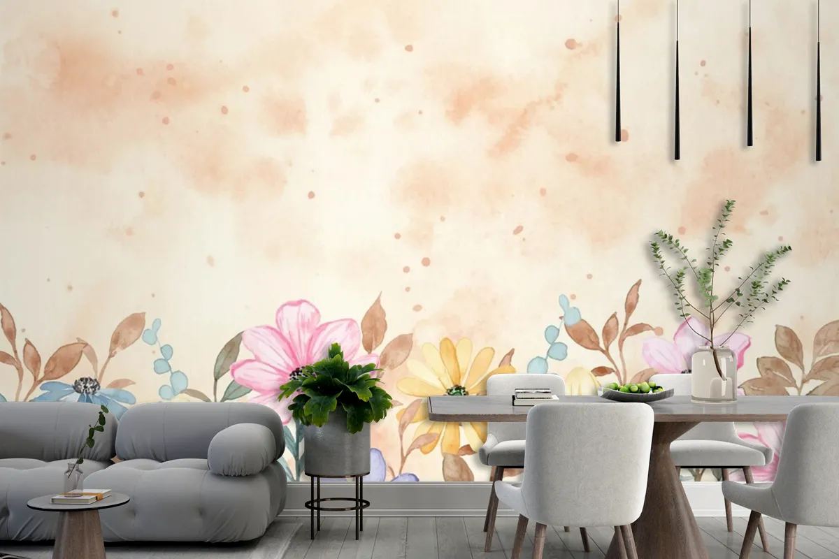 Renkli Çiçekli Bahçe Arkaplanı Suluboya Duvar Kağıdı 