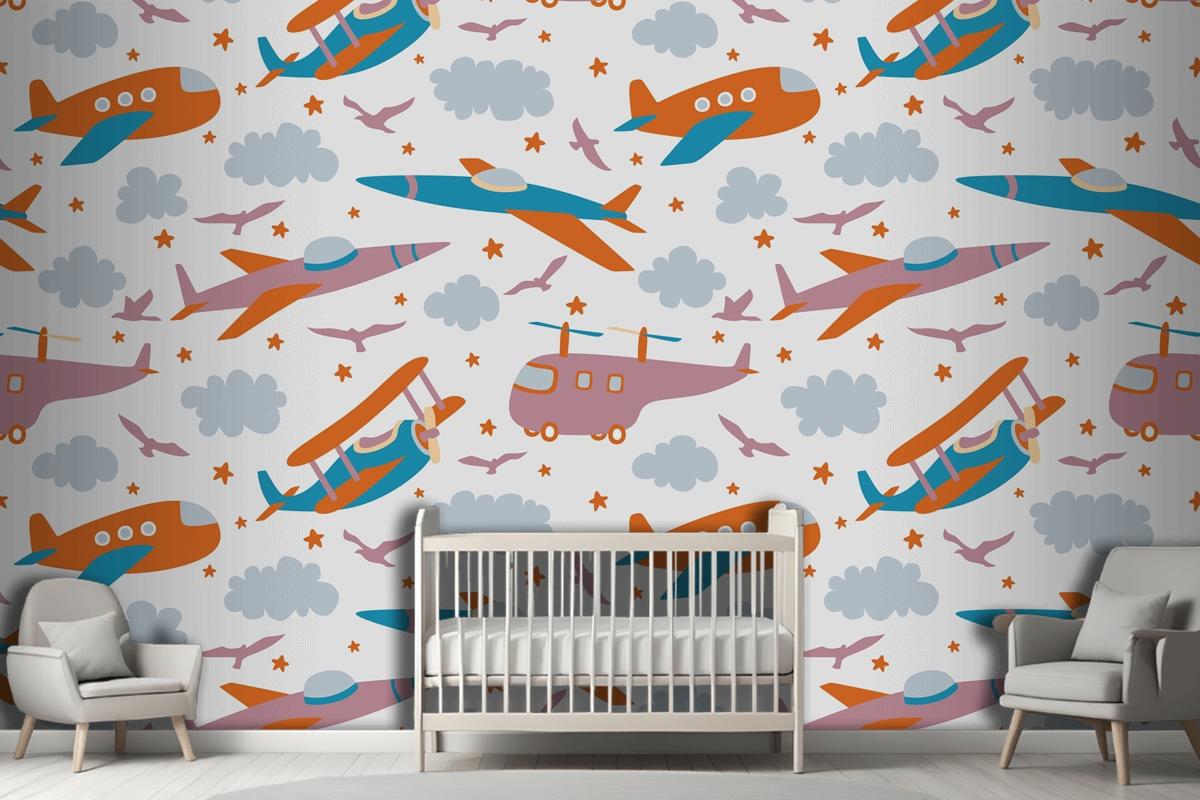 Hipster Doodles Renkli Dikişsiz Desen Düzlem Çizimi Çocuk Odası Duvar Kağıdı 