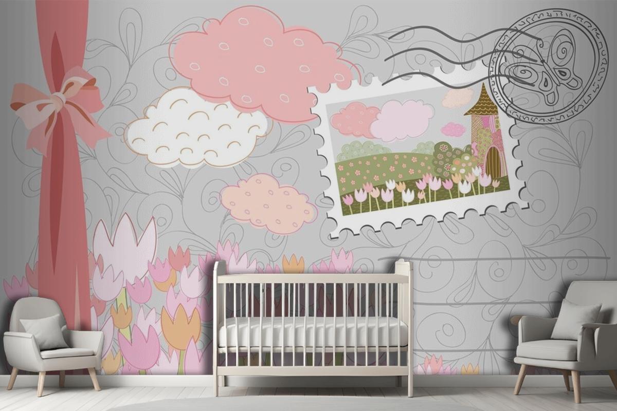 Damgalı Poster Desenli Dekoratif Şehir Çocuk Odası Duvar Kağıdı